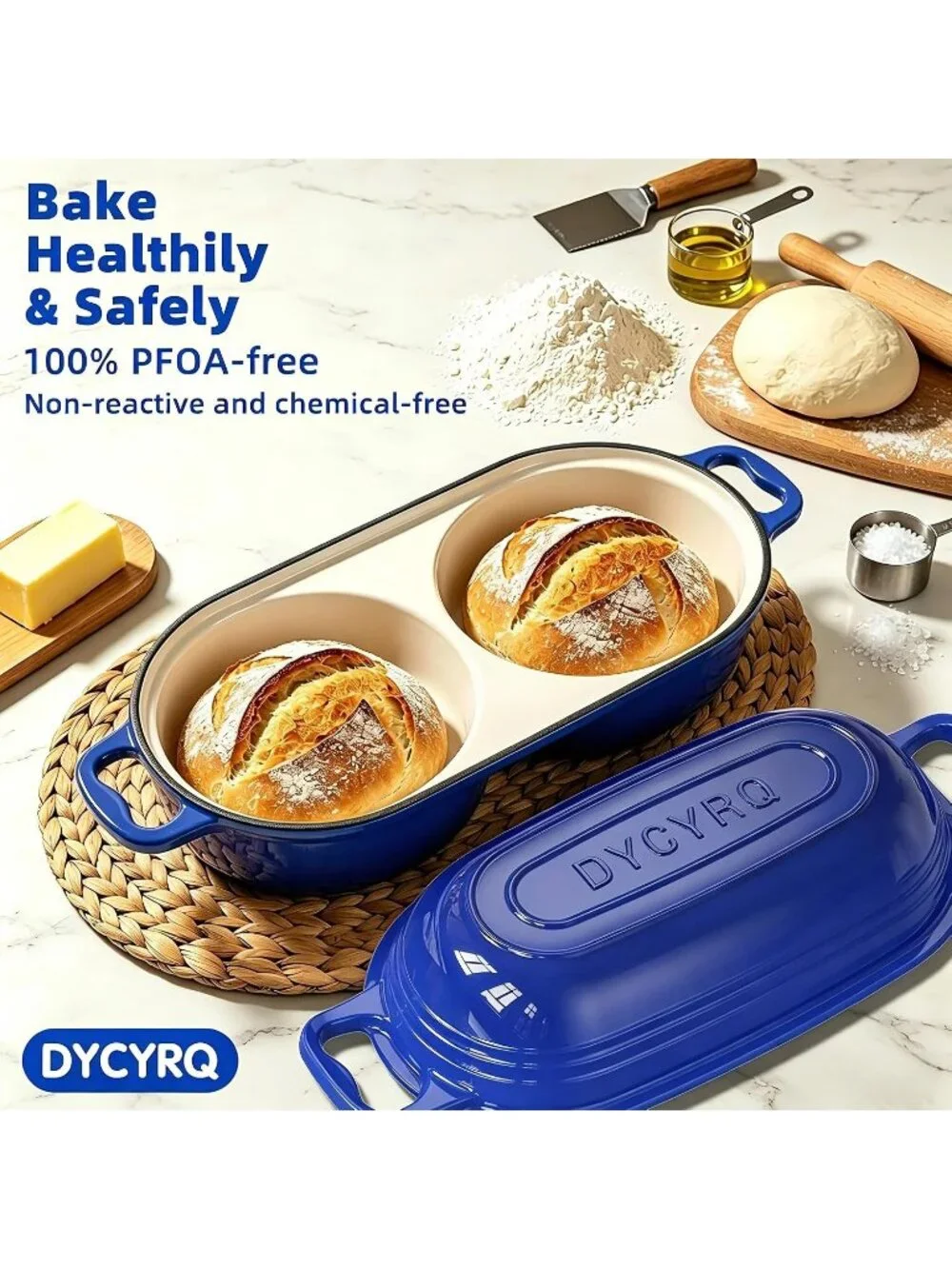 500°F Dark Blue Cast Iron Double Round Bread Loaf Pot with Lid Mini Dutch Oven